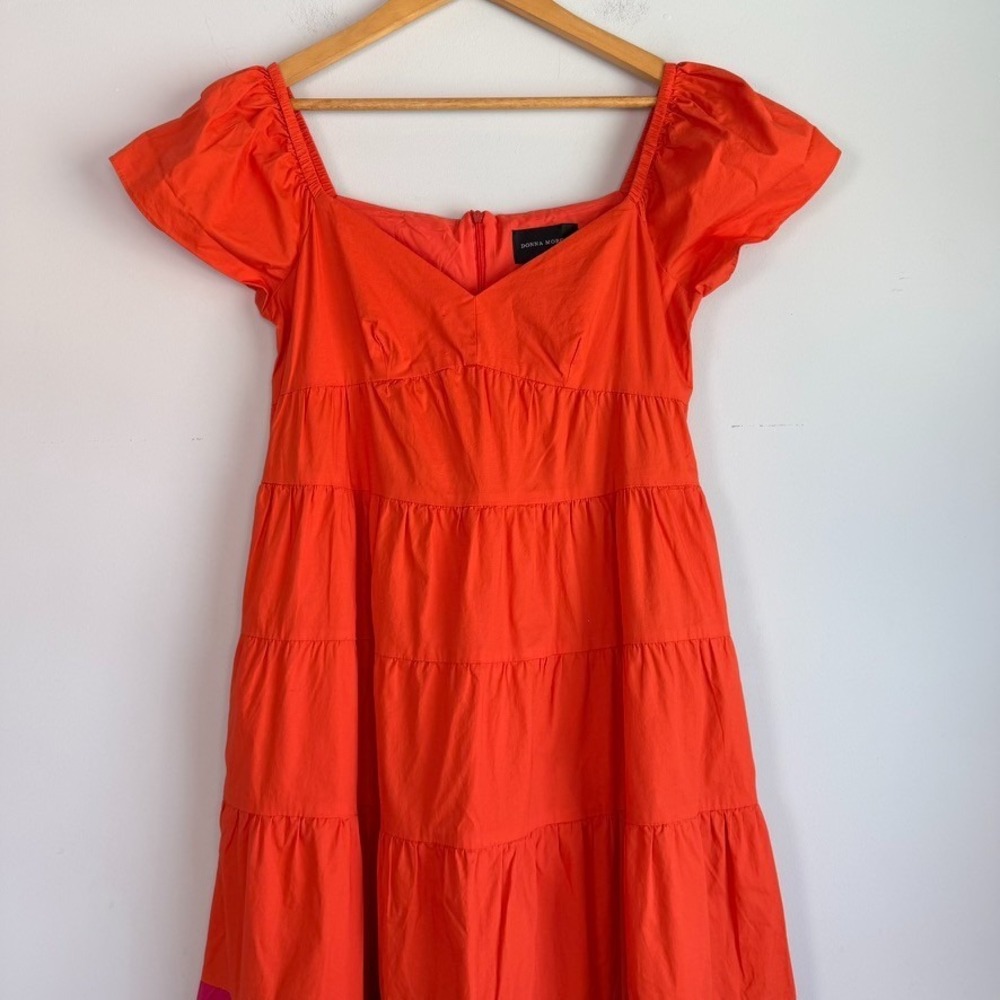 Donna Morgan Tiered Maxi Dress Size 6 Travel Cotton Colorblock Pink Orange - Picture 2 of 8